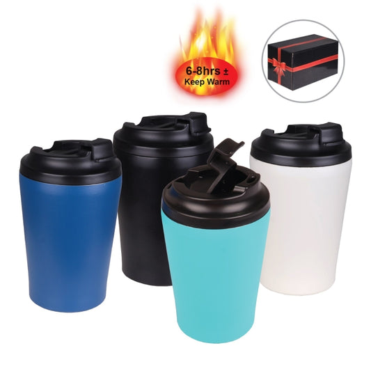Drinkware for corporate order Four insulated travel mugs in blue, black, turquoise, and white with a flame graphic and gift box icon on a white background.