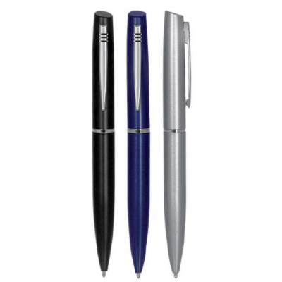 Three pens in black, blue, and silver on a white background with laser engraving for custom gift idea