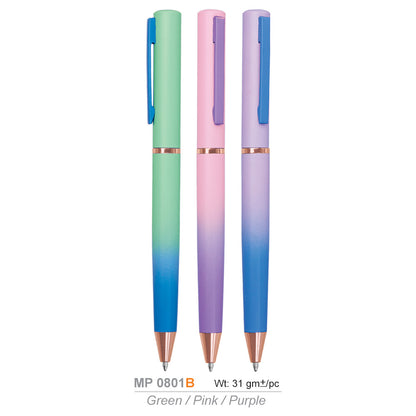Three gradient pens in green, pink, and purple on a white background for seminar, corporate event gifts