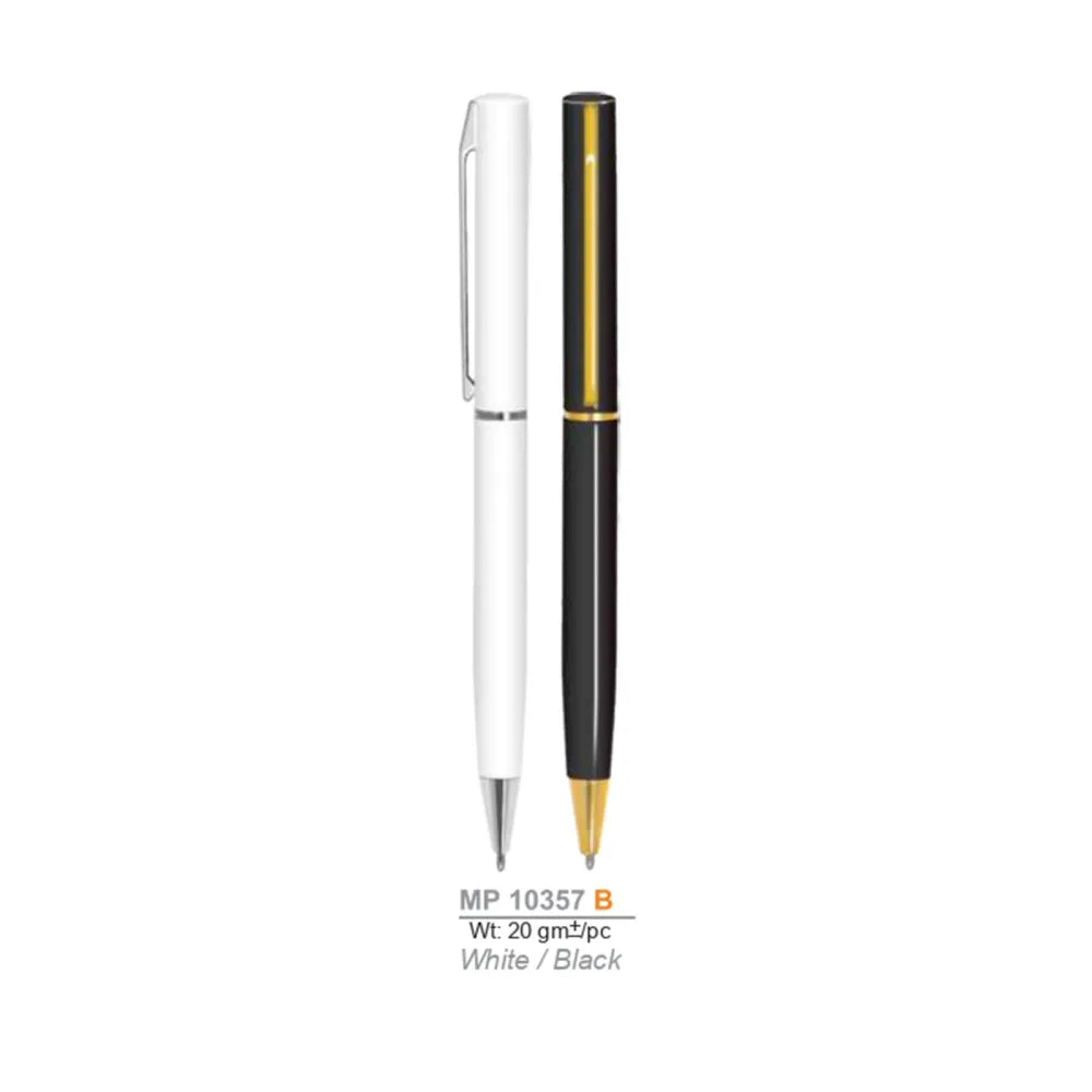 Metal pen White and black pen with gold accents on a white background