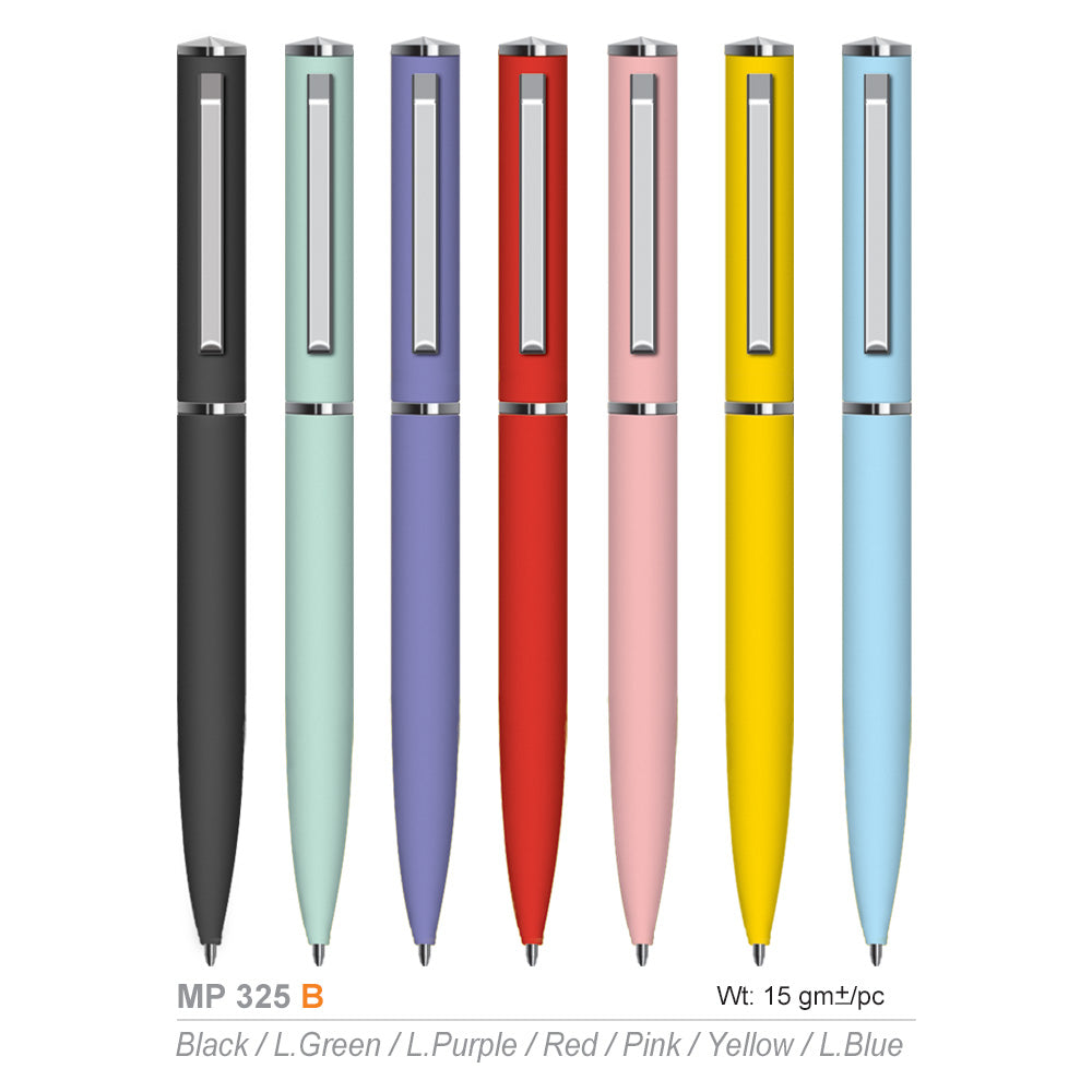 Set of six colorful metal pens on a white background can be engraving printing