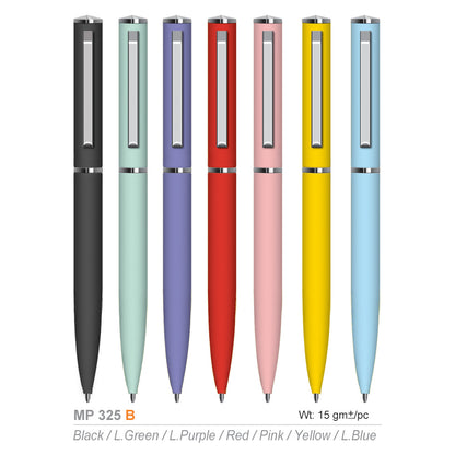 Set of six colorful metal pens on a white background can be engraving printing