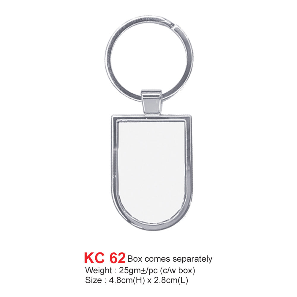 Silver keychain with a blank white card on a white background