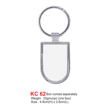 Silver keychain with a blank white card on a white background