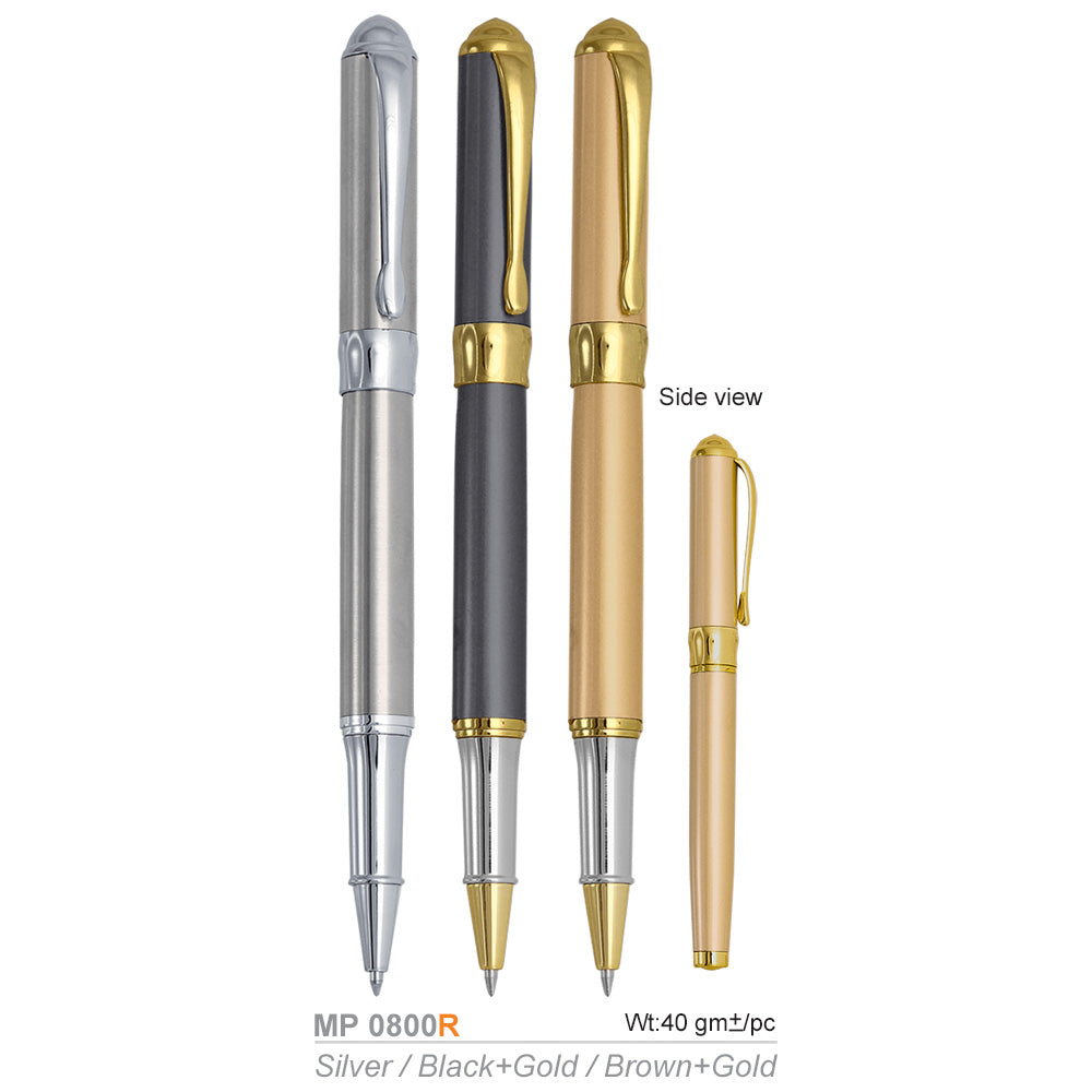 Gift idea Set of three metallic pens in silver, black, and gold on a white background