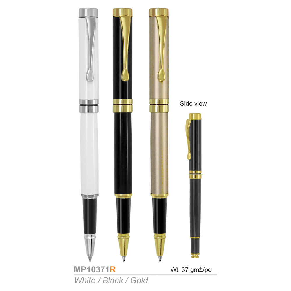 Set of three pens in white, black, and gold on a white background