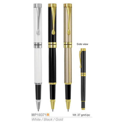 Set of three pens in white, black, and gold on a white background