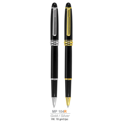 Two black pens with gold and silver accents on a white background