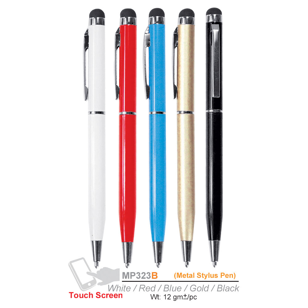 Five metal stylus pens in different colors on a white background