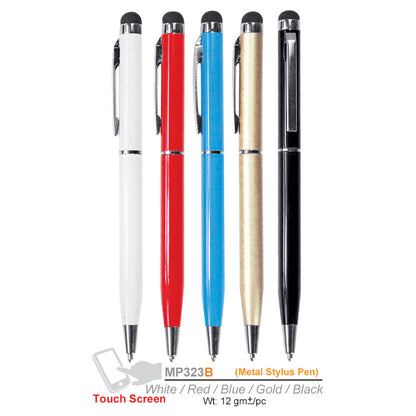 Five metal stylus pens in different colors on a white background