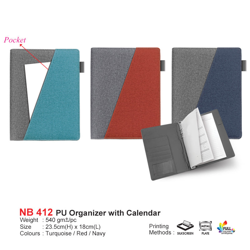 PU organizer with calendar in turquoise, red, and navy colors on a white background.