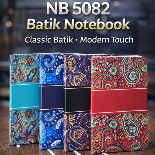 Three colorful batik notebooks with a blurred background