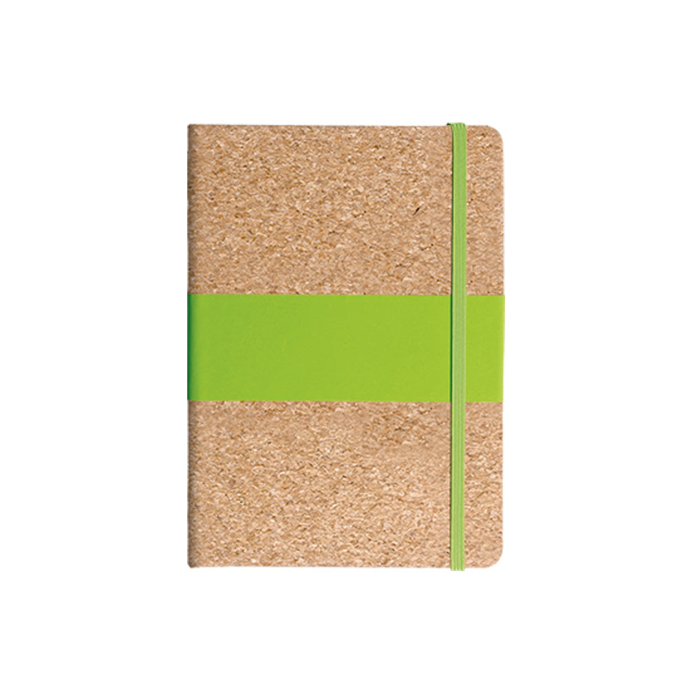 Cork notebook with a green strap on a white background  with custom logo printing for corporate gift