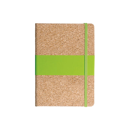 Cork notebook with a green strap on a white background  with custom logo printing for corporate gift