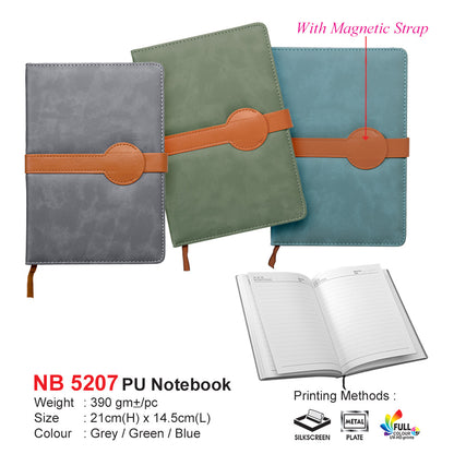 Three notebooks in gray, green, and blue with a brown strap, one open to show pages,with custom logo printing for corporate gift.