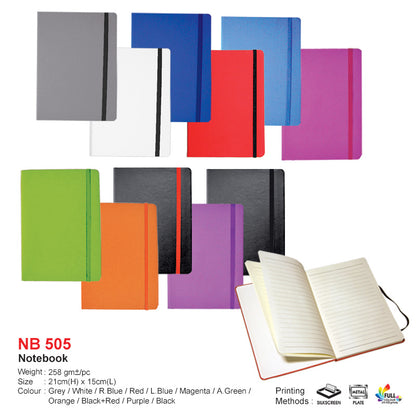 Colorful notebooks in various sizes and colors on a white background with an open notebook showing pages.