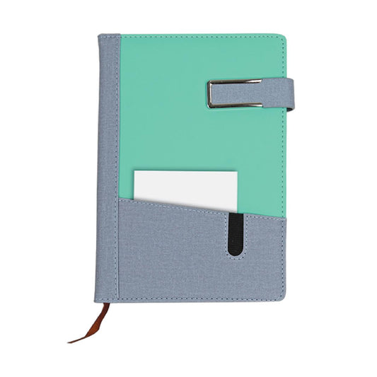 Notebook with green and gray cover on a white background with printing logo