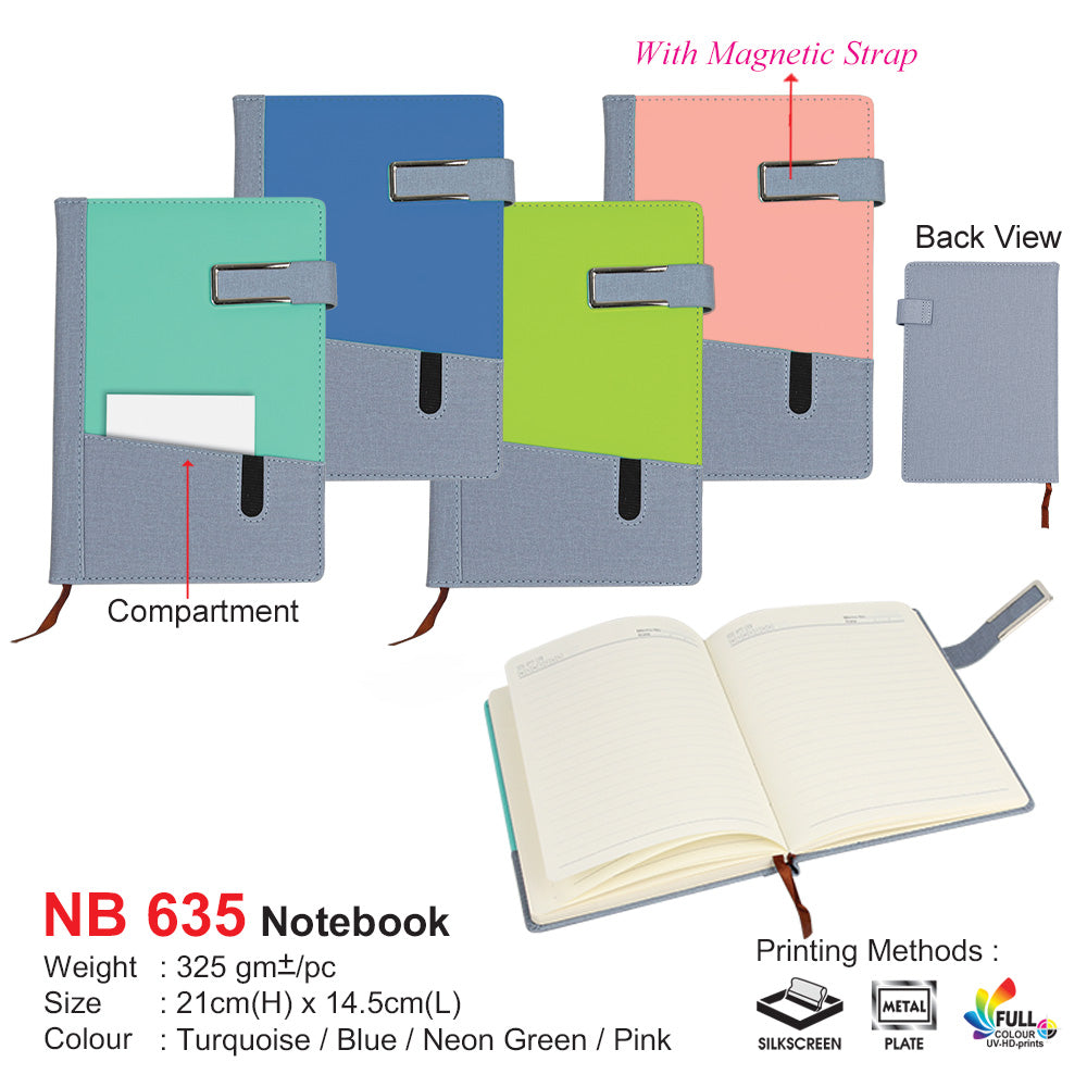 Notebook with compartments and magnetic strip, shown in turquoise, blue, and neon green, on a white background.