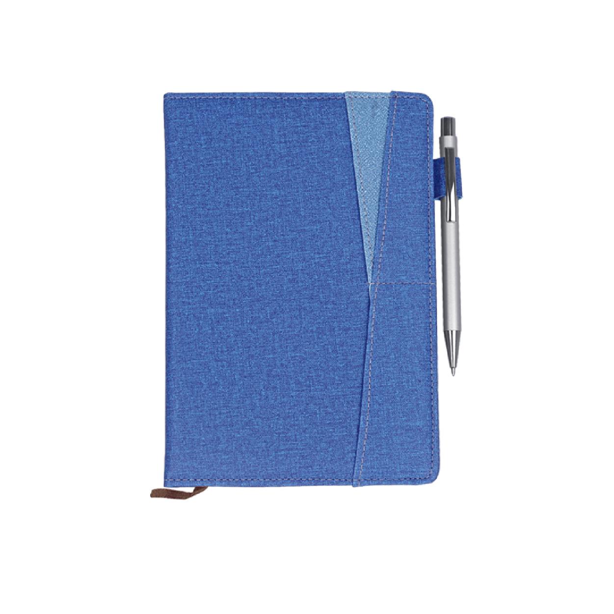 Blue denim-style notebook with custom logo printing