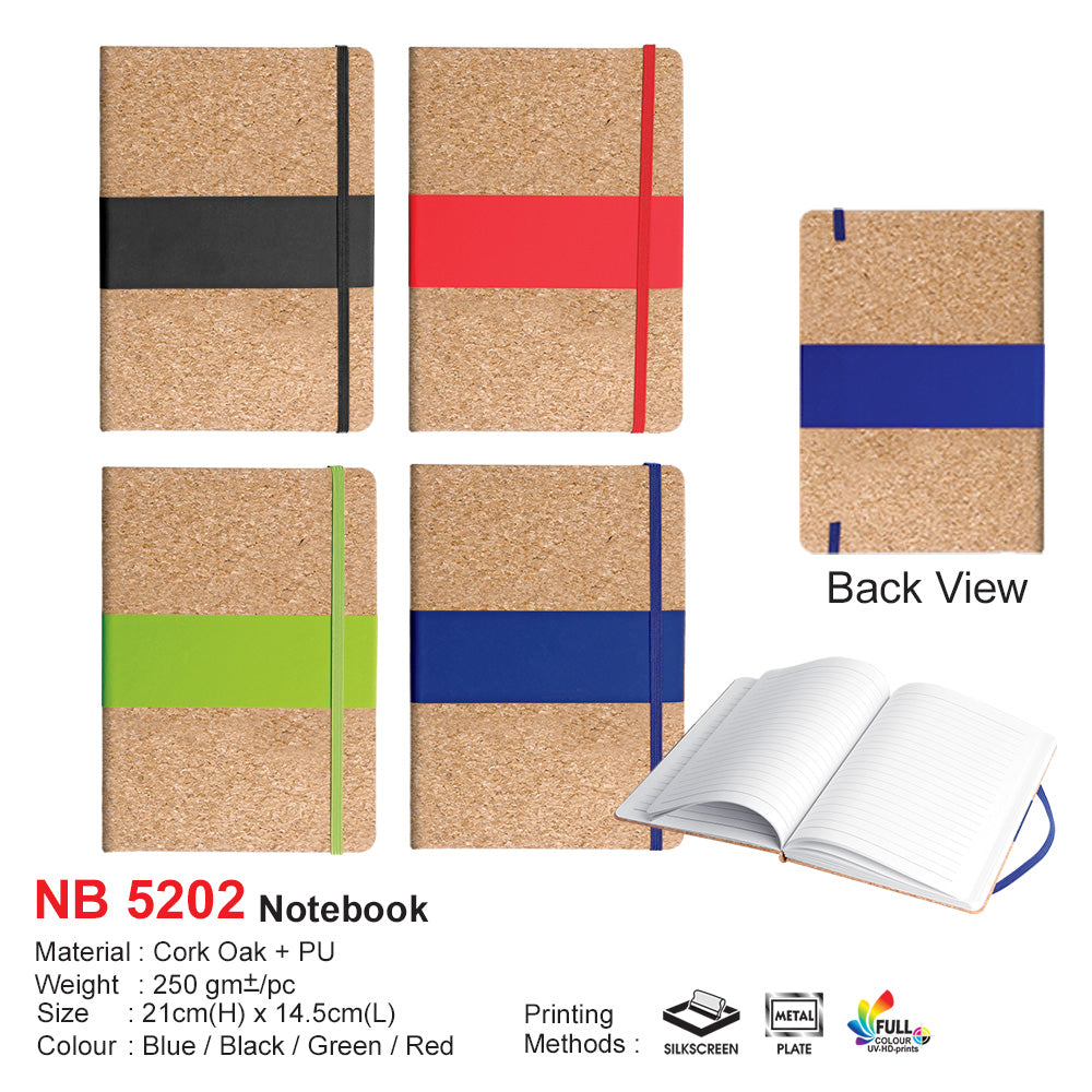 PU Notebook (NB5202) Cork notebook with colorful strap options on a white background for corporate gifting