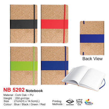 PU Notebook (NB5202) Cork notebook with colorful strap options on a white background for corporate gifting