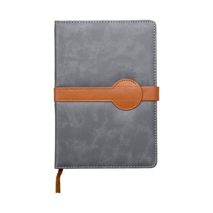 PU Notebook (NB5207 Gray notebook with a brown leather strap on a white background