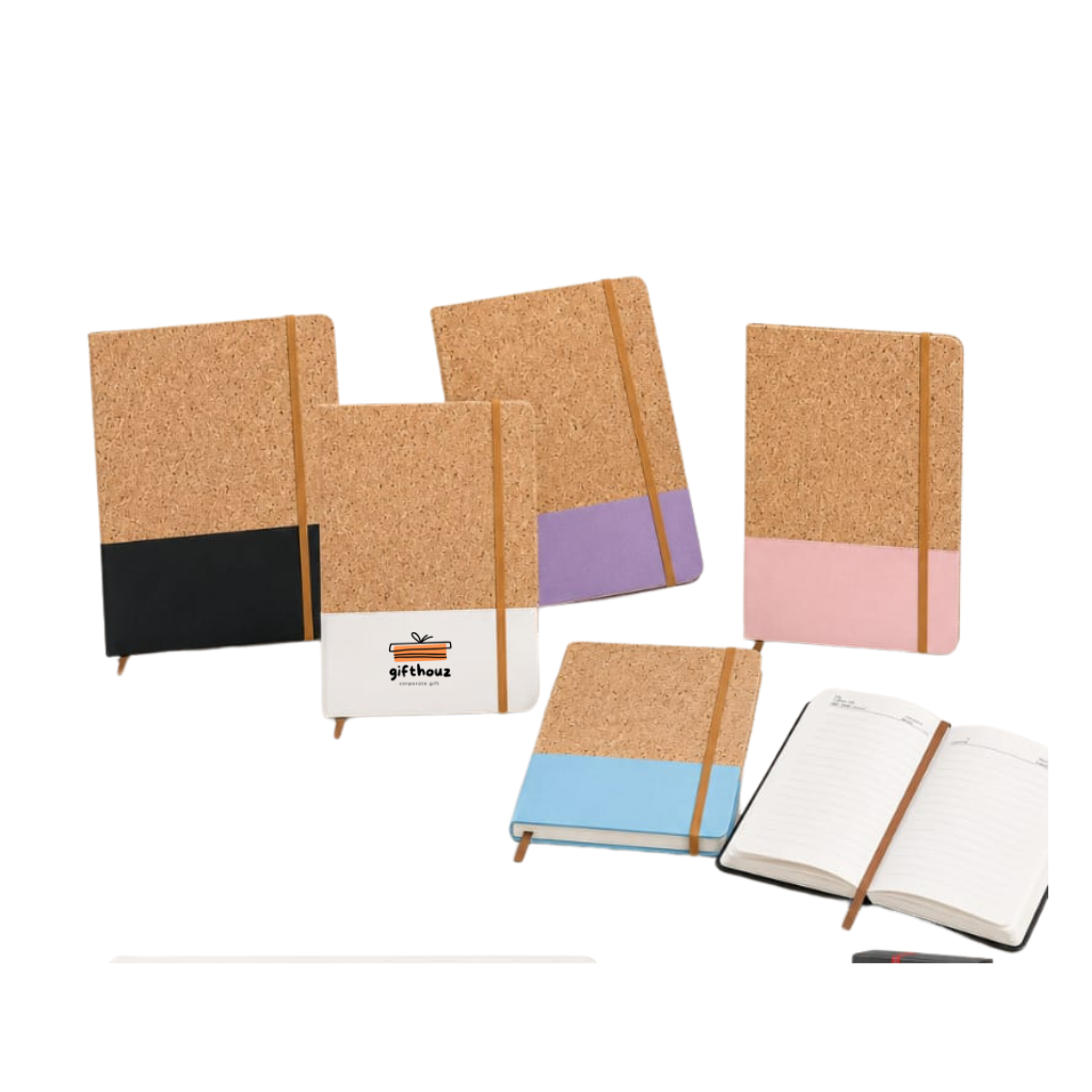 Set of cork-bound PU notebooks with color-blocked design on a white background | Corporate Gift Set | PU notebook 