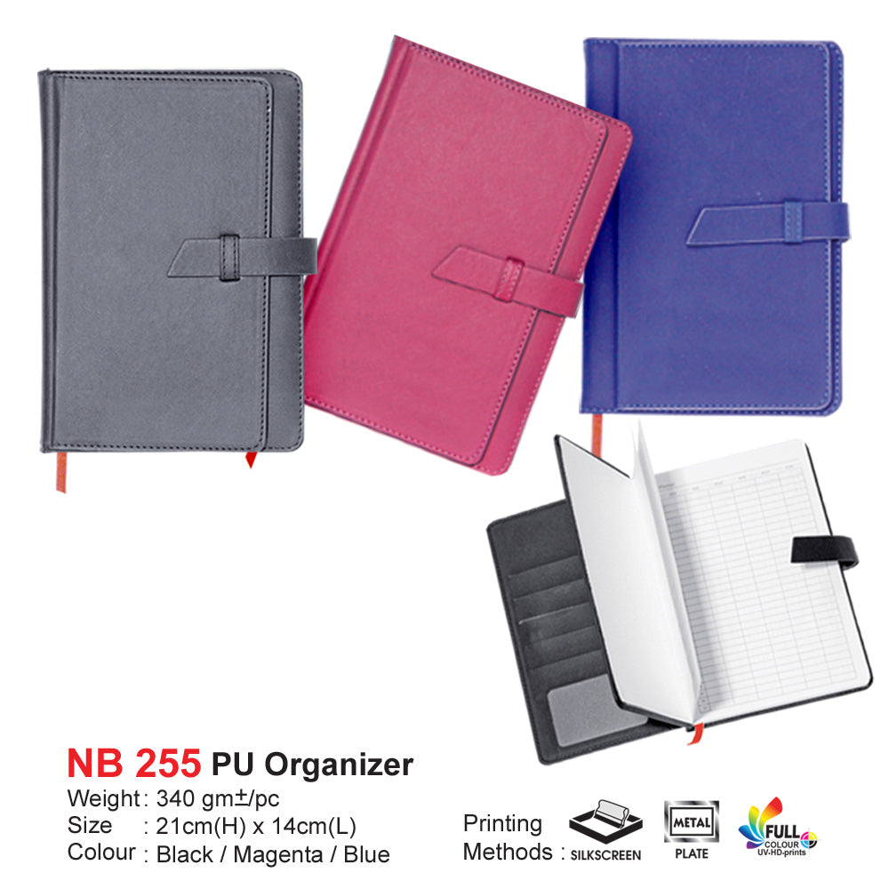 PU Organizer Three notebooks in gray, pink, and blue with an open notebook showing grid paper on a white background.