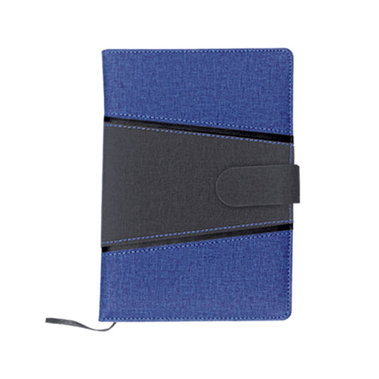 PU Organizer Blue and black fabric notebook with a strap on a white background