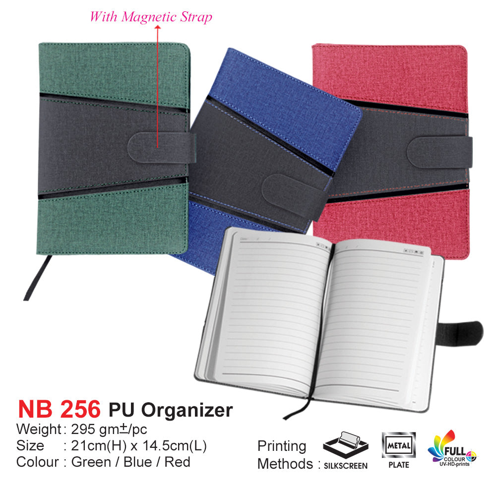 PU Organizer Three notebooks in green, blue, and red with a magnetic strip, open to show lined pages. NB 256 PU Organizer with specifications.