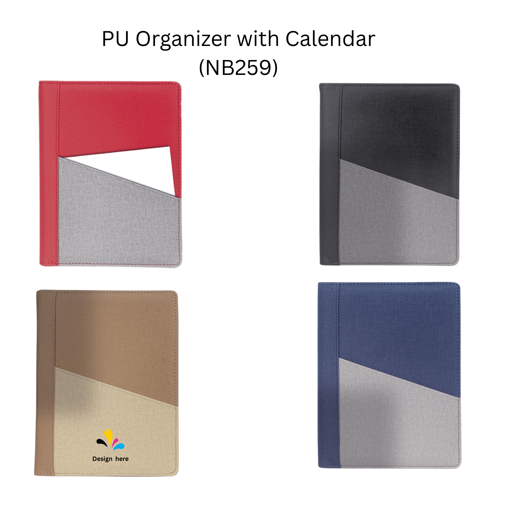 Four PU organizers with calendars in different colors on a white background