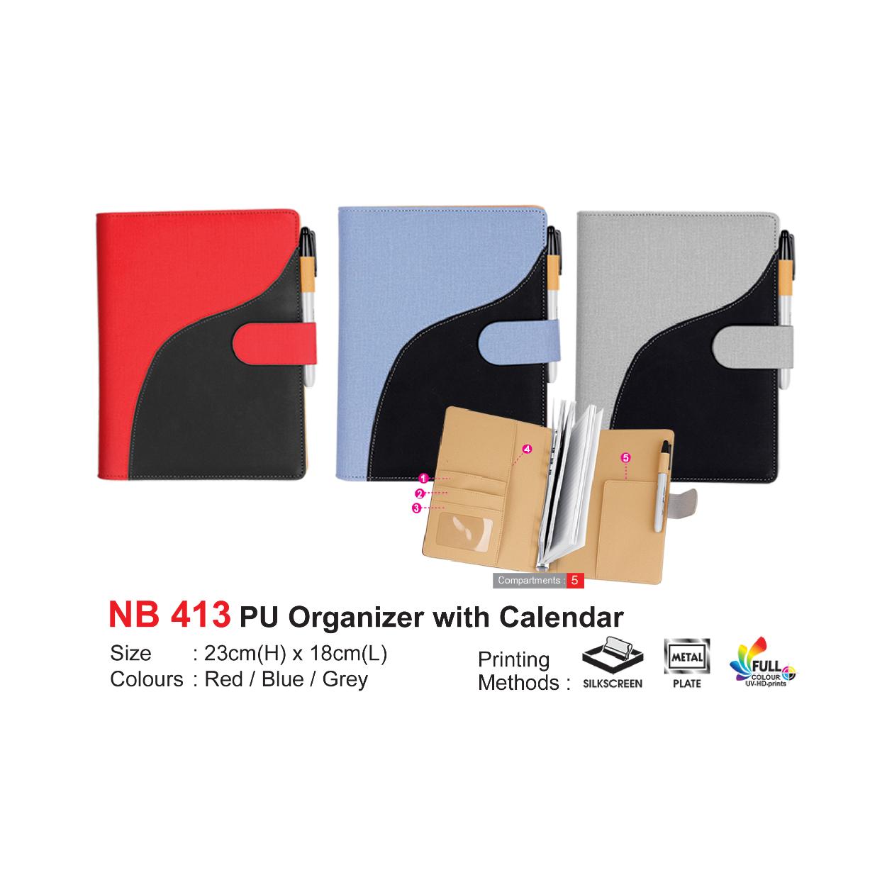 Corporate Gift set Three PU organizers with calendar in red, blue, and gray on a white background.