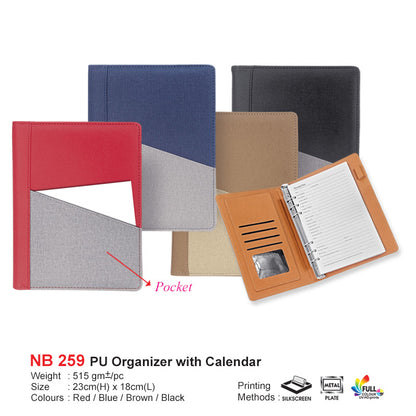 PU organizers with calendars in red, blue, brown, and black on a white background.