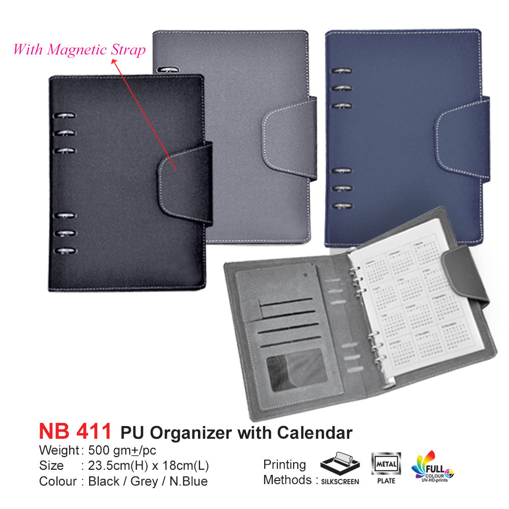 Three PU organizers in black, gray, and blue with a magnetic strip feature, displayed on a white background. For corporate gifting