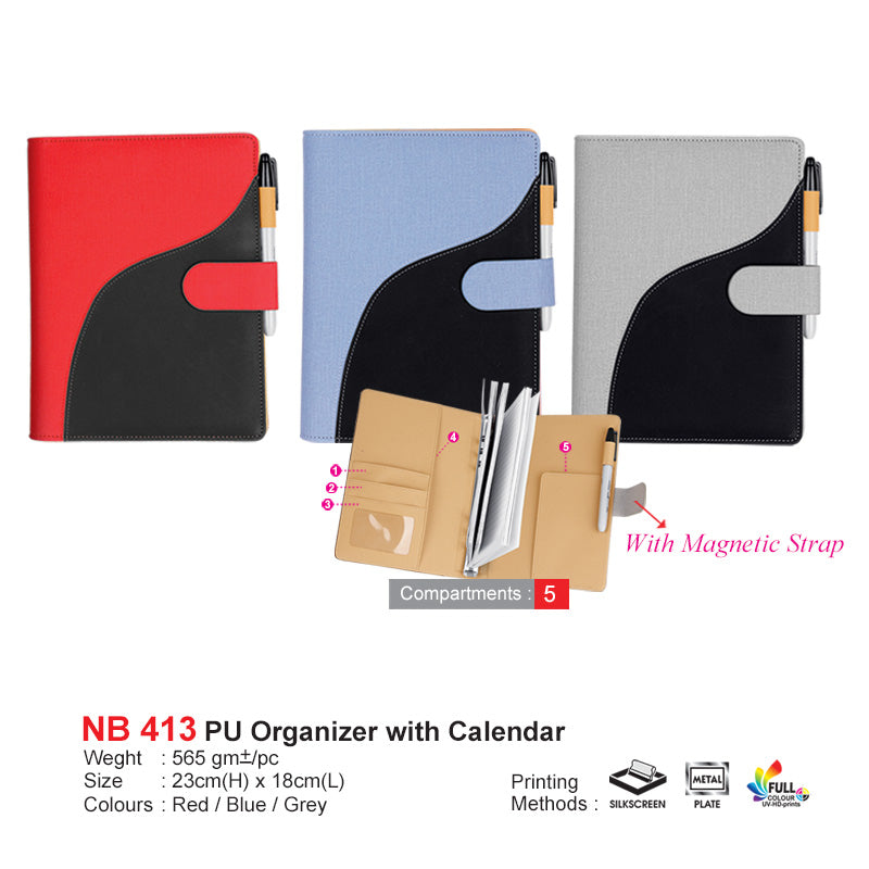 Three PU organizers with calendar in red, blue, and gray on a white background. for corporate gifting 