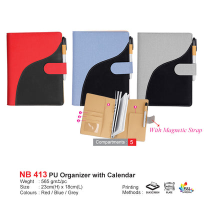 Three PU organizers with calendar in red, blue, and gray on a white background. for corporate gifting 