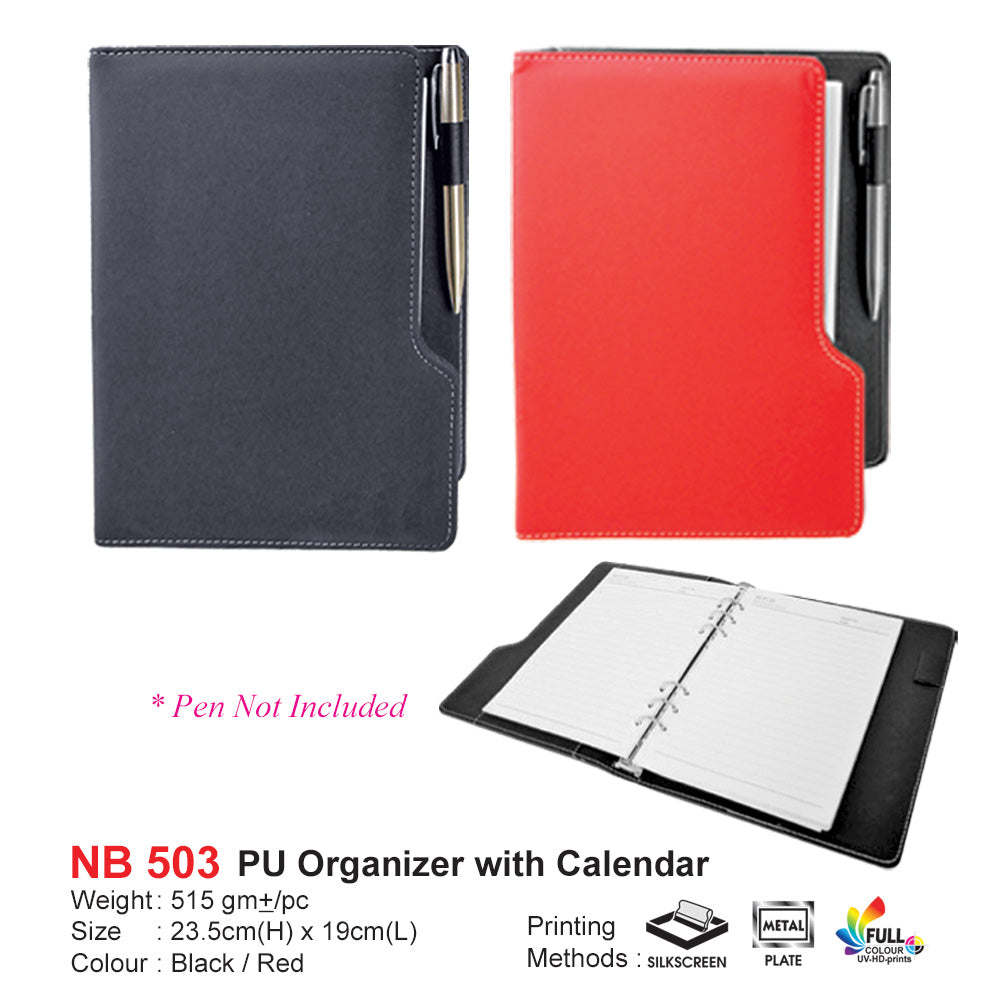 Black and red PU organizer with calendar and pen on a white . PU Organizer with Calender (NB503)
background