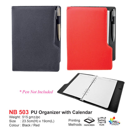 Black and red PU organizer with calendar and pen on a white . PU Organizer with Calender (NB503)
background