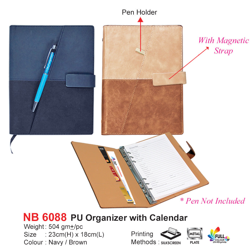 Navy and brown PU organizer with calendar and pen holder on a white background