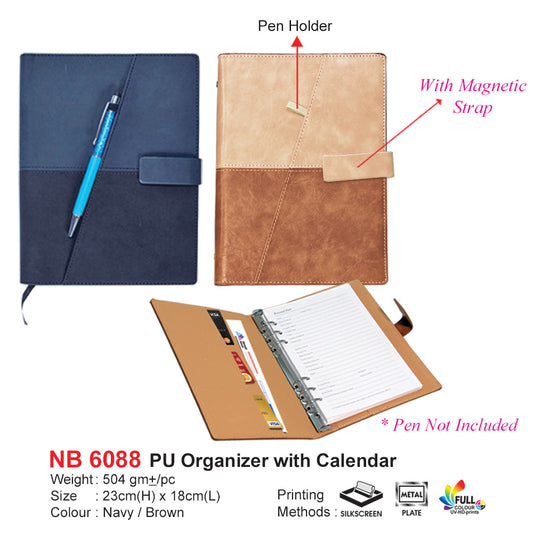 Navy and brown PU organizer with calendar and pen holder on a white background