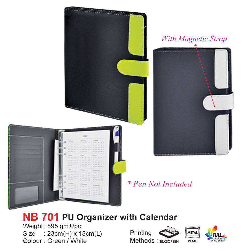 Black and green organizer with calendar and magnetic strap on a white background