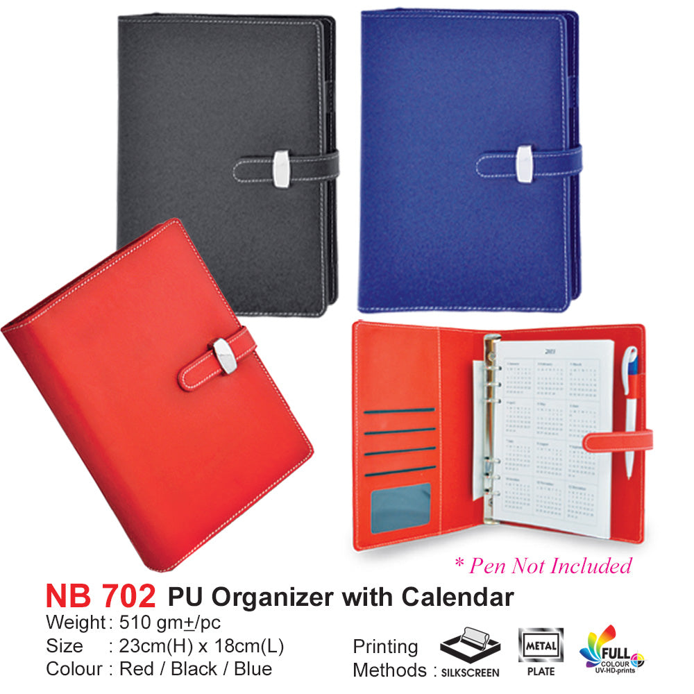 Corporate gift Three PU organizers in red, black, and blue with a calendar inside one of them on a white background.