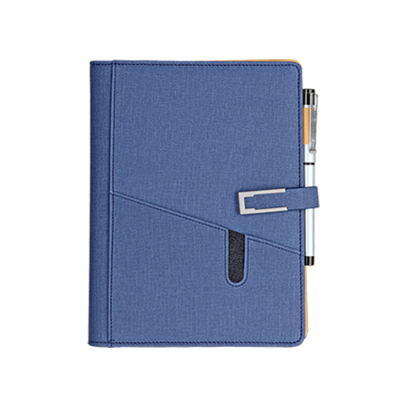 Blue notebook with pen holder on a white background