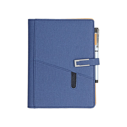 Blue notebook with pen holder on a white background