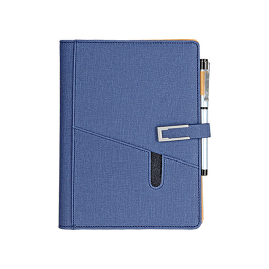 Blue notebook with pen holder on a white background