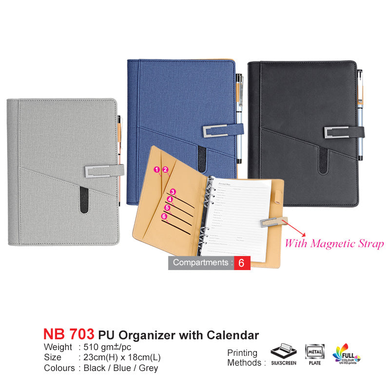 Collection of PU organizers with calendars in black, blue, and gray on a white background. premium gift supplier