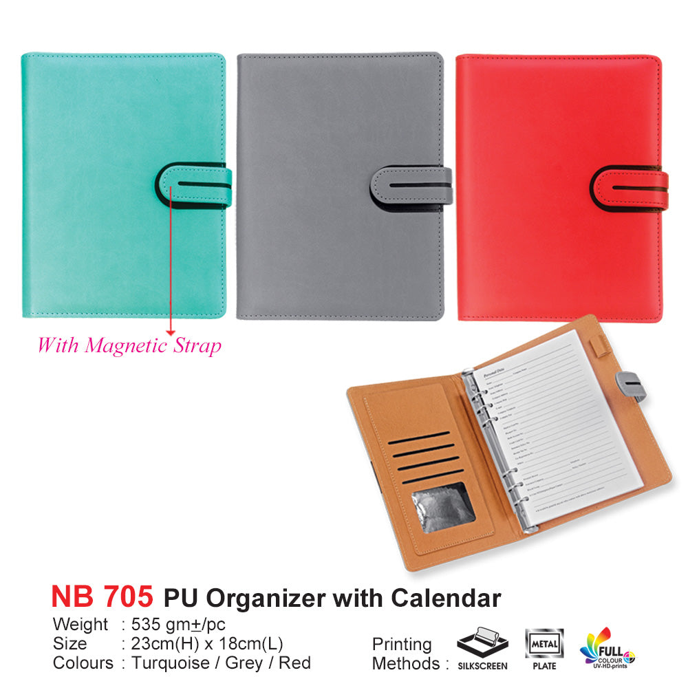 Three PU organizers in turquoise, gray, and red with a magnetic strip, one open showing a calendar.