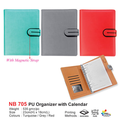 Three PU organizers in turquoise, gray, and red with a magnetic strip, one open showing a calendar.