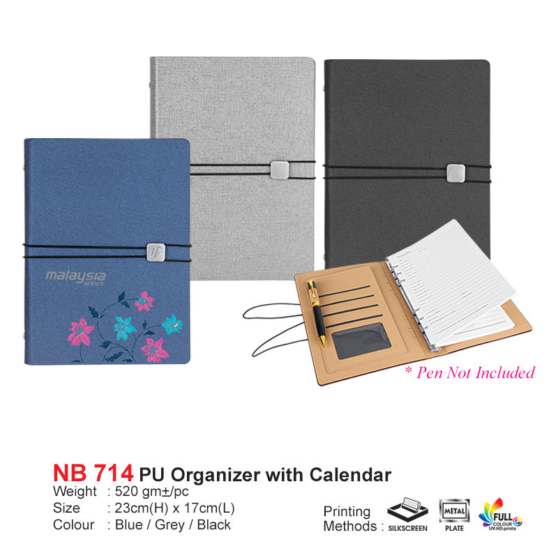 Three PU Organizer with Calender (NB714) notebooks in blue, gray, and black with a calendar and pen holder on a white background.