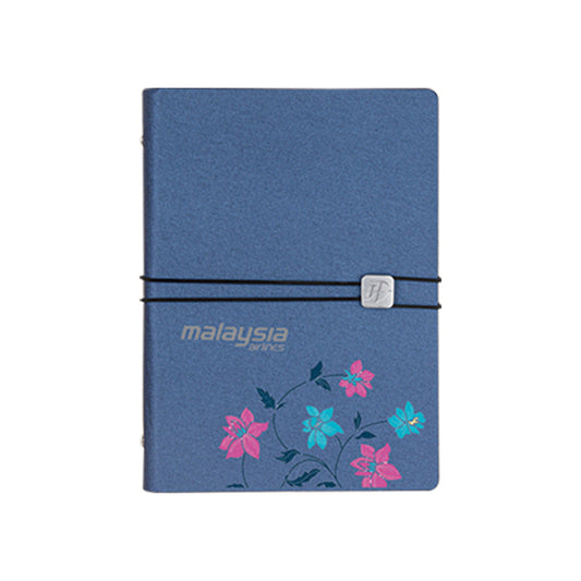 Blue notebook with floral design and 'Malaysia Airlines' branding on a white background for corporate gift or bulk purchase